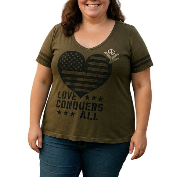 Fifth Sun Tops - Fifth Sun Womens Olive Green Love Conquers All Heart Graphic Tee Shirt Size XL